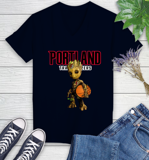Portland Trail Blazers NBA Basketball Groot Marvel Guardians Of The Galaxy Women's V-Neck T-Shirt 3