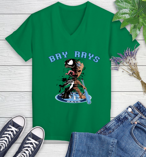 MLB Tampa Bay Rays Baseball Venom Groot Guardians Of The Galaxy Women's V-Neck T-Shirt 5