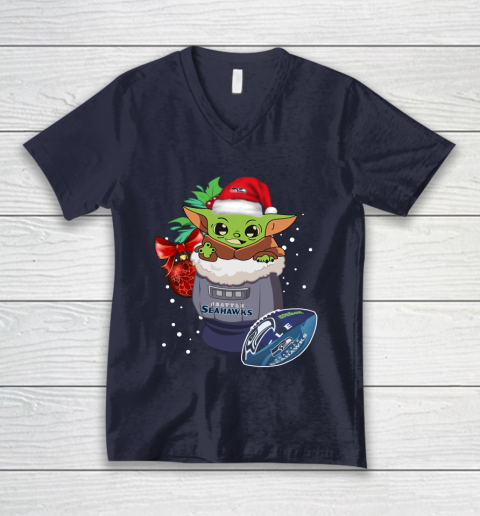 Seattle Seahawks Christmas Baby Yoda Star Wars Funny Happy NFL V-Neck T-Shirt 3