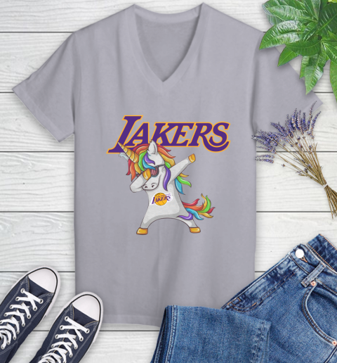 Los Angeles Lakers NBA Basketball Funny Unicorn Dabbing Sports Women's V-Neck T-Shirt 4