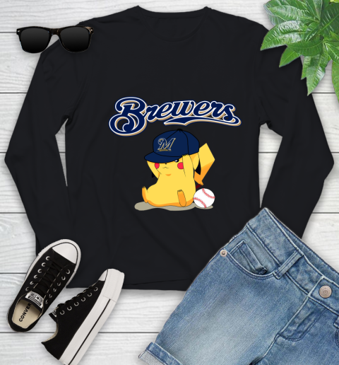 MLB Pikachu Baseball Sports Milwaukee Brewers Youth Long Sleeve 2