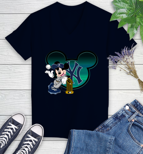MLB New York Yankees The Commissioner's Trophy Mickey Mouse Disney Women's V-Neck T-Shirt 3