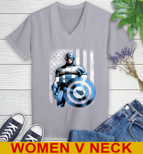 Tennessee Titans NFL Football Captain America Marvel Avengers American Flag Shirt Women's V-Neck T-Shirt 4