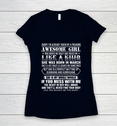 Sorry I m Already Taken by a Freaking Awesome Girl March Birthday Women's V-Neck T-Shirt 2