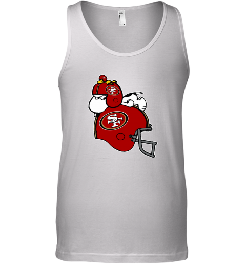o1qj snoopy and woodstock resting on san francisco 49ers helmet unisex tank 17 front white