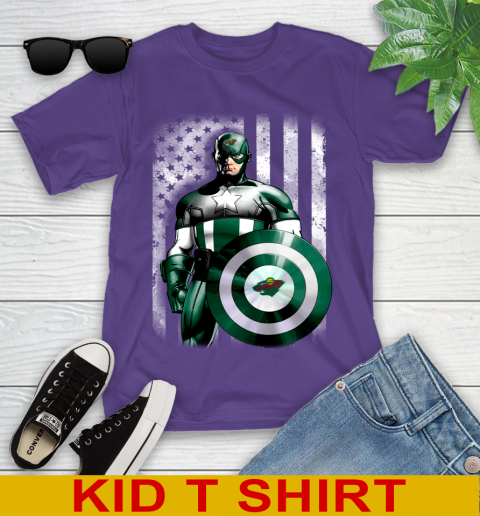 Minnesota Wild NHL Hockey Captain America Marvel Avengers American Flag Shirt Youth T-Shirt - Image 4