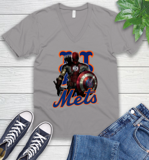 MLB Captain America Thor Spider Man Hawkeye Avengers Endgame Baseball New York Mets V-Neck T-Shirt 4