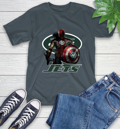 NFL Captain America Thor Spider Man Hawkeye Avengers Endgame Football New York Jets T-Shirt 9