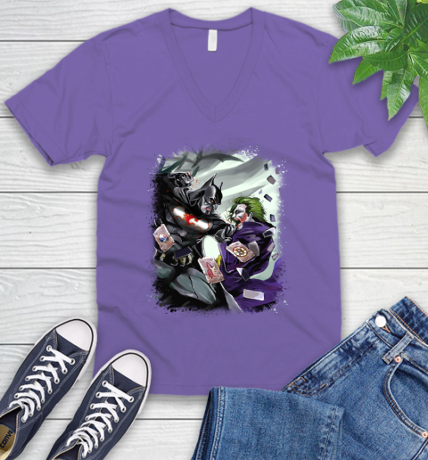 Calgary Flames NHL Hockey Batman Fighting Joker DC Comics V-Neck T-Shirt 9