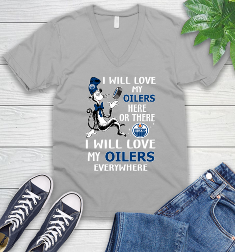 NHL Hockey Edmonton Oilers I Will Love My Oilers Everywhere Dr Seuss Shirt V-Neck T-Shirt 3