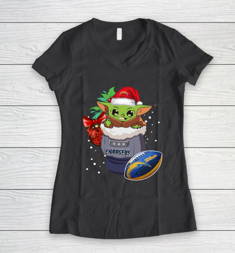 Los Angeles Chargers Christmas Baby Yoda Star Wars Funny Happy NFL Women's V-Neck T-Shirt 8