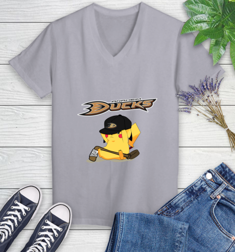 NHL Pikachu Hockey Sports Anaheim Ducks Women's V-Neck T-Shirt 4
