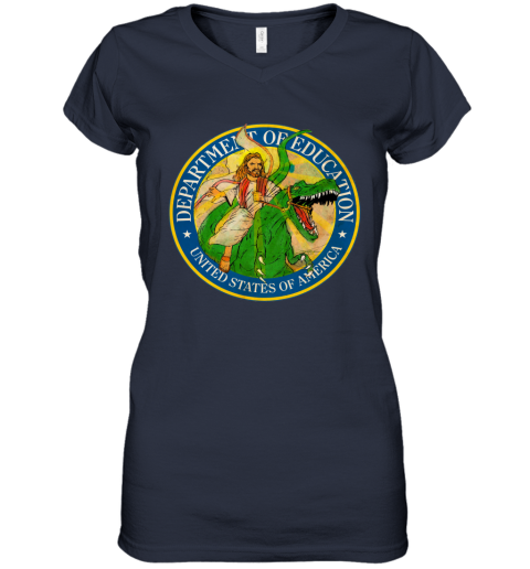 zmpv department of education badass jesus riding a dinosaur shirts women v neck t shirt 39 front navy