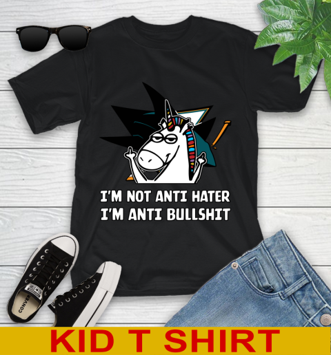 San Jose Sharks NHL Hockey Unicorn I'm Not Anti Hater I'm Anti Bullshit Youth T-Shirt 2