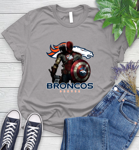 NFL Captain America Thor Spider Man Hawkeye Avengers Endgame Football Denver Broncos Women's T-Shirt 5