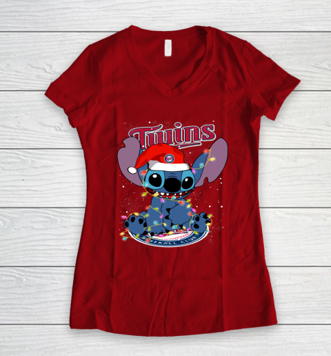 Minnesota Twins MLB noel stitch Baseball Christmas Women's V-Neck T-Shirt 6