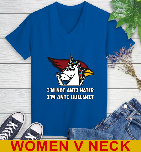 Arizona Cardinals NFL Football Unicorn I'm Not Anti Hater I'm Anti Bullshit Women's V-Neck T-Shirt 11