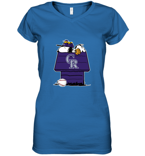 Colorado Rockies Snoopy And Woodstock Resting Together MLB Women's V-Neck T-Shirt