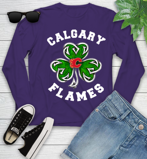 NHL Calgary Flames Three Leaf Clover St Patrick's Day Hockey Sports Youth Long Sleeve 4