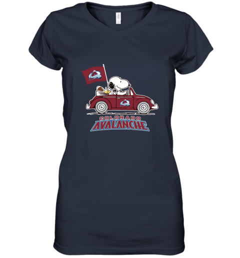 Snoopy And Woodstock Ride The Colorado Avalanche Car NHL Women's V-Neck T-Shirt