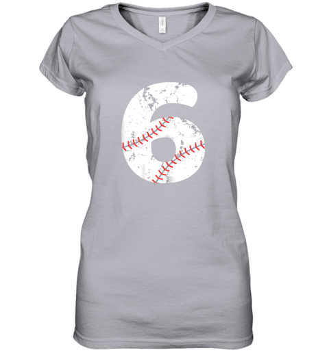 tuho number 6 baseball vintage distressed team women v neck t shirt 39 front sport grey