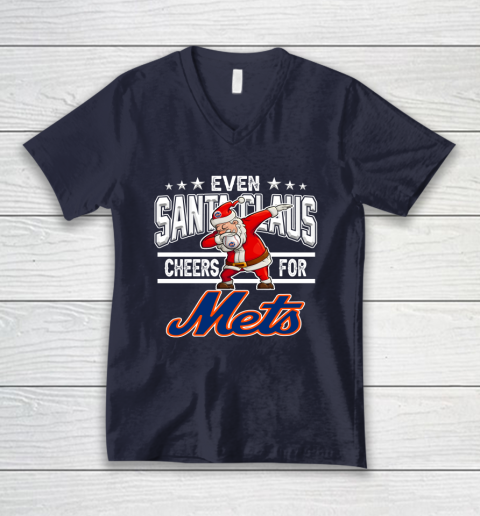 New York Mets Even Santa Claus Cheers For Christmas MLB V-Neck T-Shirt 2