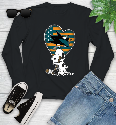 San Jose Sharks NHL Hockey The Peanuts Movie Adorable Snoopy Youth Long Sleeve 2