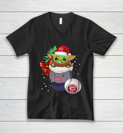 Cincinnati Reds Christmas Baby Yoda Star Wars Funny Happy MLB V-Neck T-Shirt