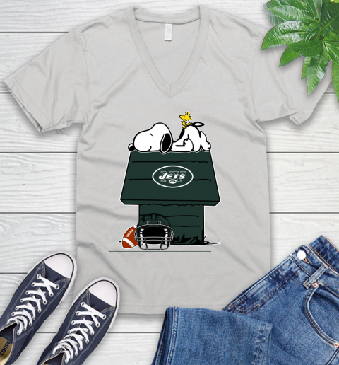 New York Jets NFL Football Snoopy Woodstock The Peanuts Movie V-Neck T-Shirt