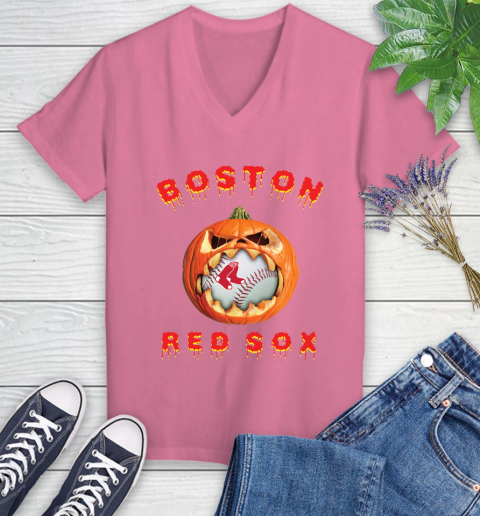 MLB Boston Red Sox Halloween Pumpkin Baseball Sports Women's V-Neck T-Shirt 13