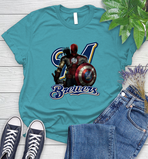 MLB Captain America Thor Spider Man Hawkeye Avengers Endgame Baseball Milwaukee Brewers Women's T-Shirt 12