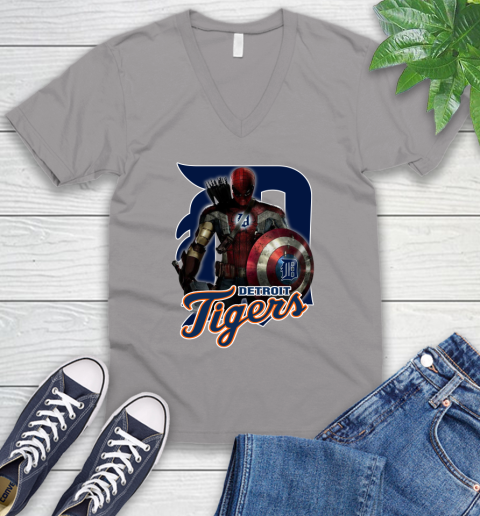 MLB Captain America Thor Spider Man Hawkeye Avengers Endgame Baseball Detroit Tigers V-Neck T-Shirt 4