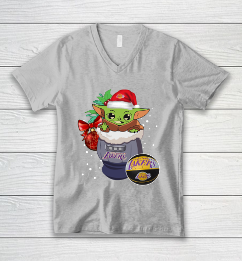 Los Angeles Lakers Christmas Baby Yoda Star Wars Funny Happy NBA V-Neck T-Shirt 4