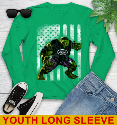 New York Jets Hulk Marvel Avengers NFL Football American Flag Youth Long Sleeve 7