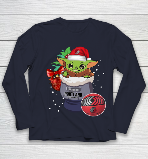Portland Trail Blazers Christmas Baby Yoda Star Wars Funny Happy NBA Youth Long Sleeve 3