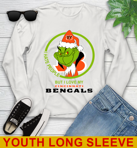 Cincinnati Bengals NFL Christmas Grinch I Hate People But I Love My Favorite Football Team Youth Long Sleeve 12