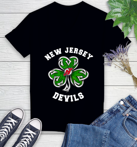 NHL New Jersey Devils Three Leaf Clover St Patrick's Day Hockey Sports Women's V-Neck T-Shirt