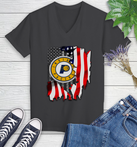 Indiana Pacers NBA Basketball American Flag Women's V-Neck T-Shirt 8