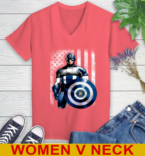 Houston Astros MLB Baseball Captain America Marvel Avengers American Flag Shirt Women's V-Neck T-Shirt 6