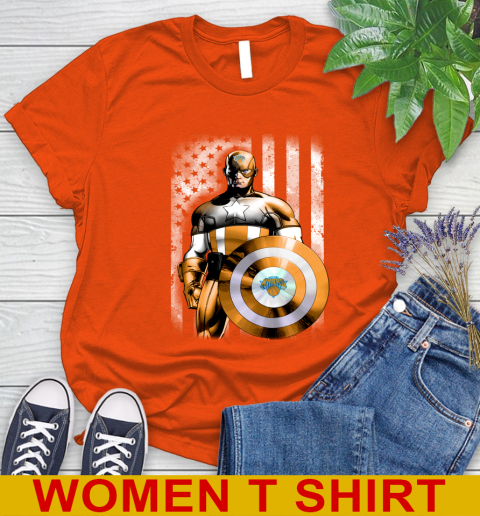New York Knicks NBA Basketball Captain America Marvel Avengers American Flag Shirt Women's T-Shirt 3