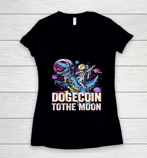 Dogecoin To The Moon T rex Cryptocurrency Women's V-Neck T-Shirt