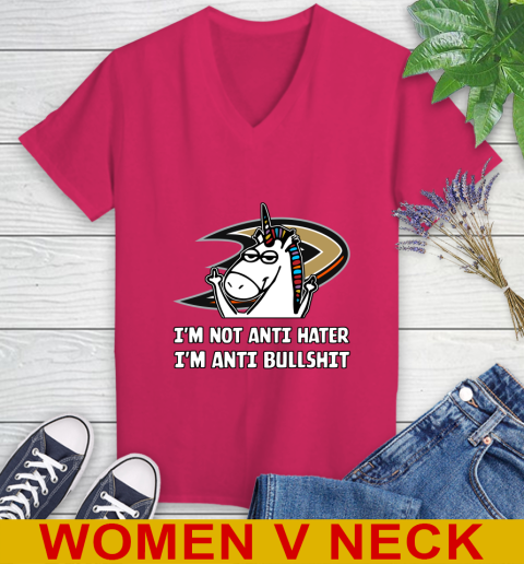 Anaheim Ducks NHL Hockey Unicorn I'm Not Anti Hater I'm Anti Bullshit Women's V-Neck T-Shirt 10