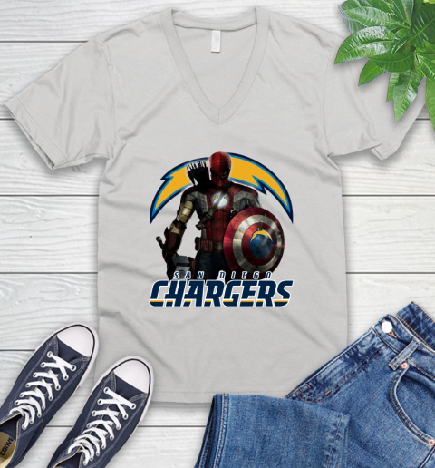 NFL Captain America Thor Spider Man Hawkeye Avengers Endgame Football San Diego Chargers V-Neck T-Shirt