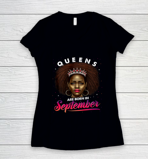 Queens Born September Shirt Black Girl Virgo Libra Birthday Women's V-Neck T-Shirt