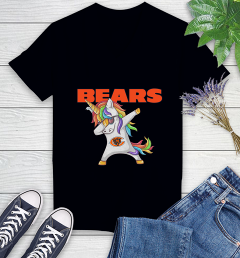 Chicago Bears NFL Football Funny Unicorn Dabbing Sports Women's V-Neck T-Shirt 2