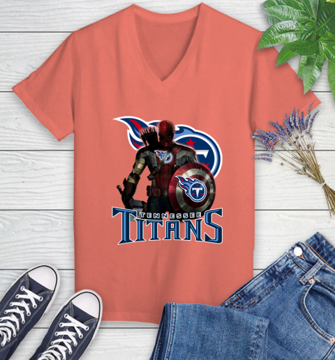 NFL Captain America Thor Spider Man Hawkeye Avengers Endgame Football Tennessee Titans Women's V-Neck T-Shirt 6