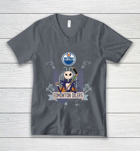 NHL Edmonton Oilers Hockey Jack Skellington Halloween V-Neck T-Shirt 4