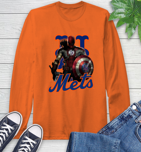 MLB Captain America Thor Spider Man Hawkeye Avengers Endgame Baseball New York Mets Long Sleeve T-Shirt 5