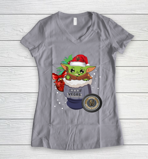 Vegas Golden Knights Christmas Baby Yoda Star Wars Funny Happy NHL Women's V-Neck T-Shirt 4