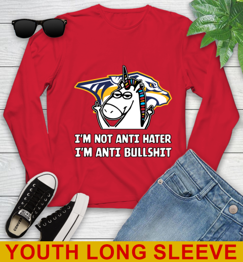 Nashville Predators NHL Hockey Unicorn I'm Not Anti Hater I'm Anti Bullshit Youth Long Sleeve 11